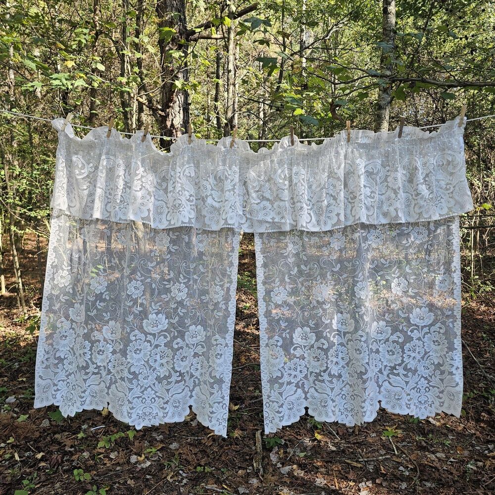90s Vintage JCPenney White Floral Lace Curtains Attached Ruffled Valance
